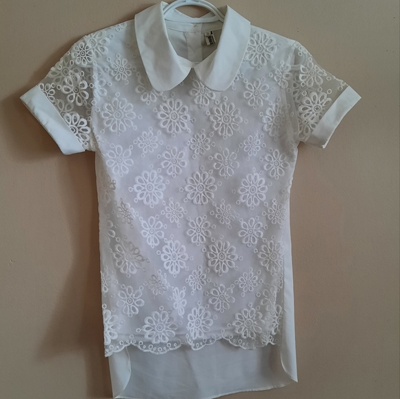SHEIN: White Blouse with Organza Fabric and Embroidered Flowers, Size S - Picture 1 of 3